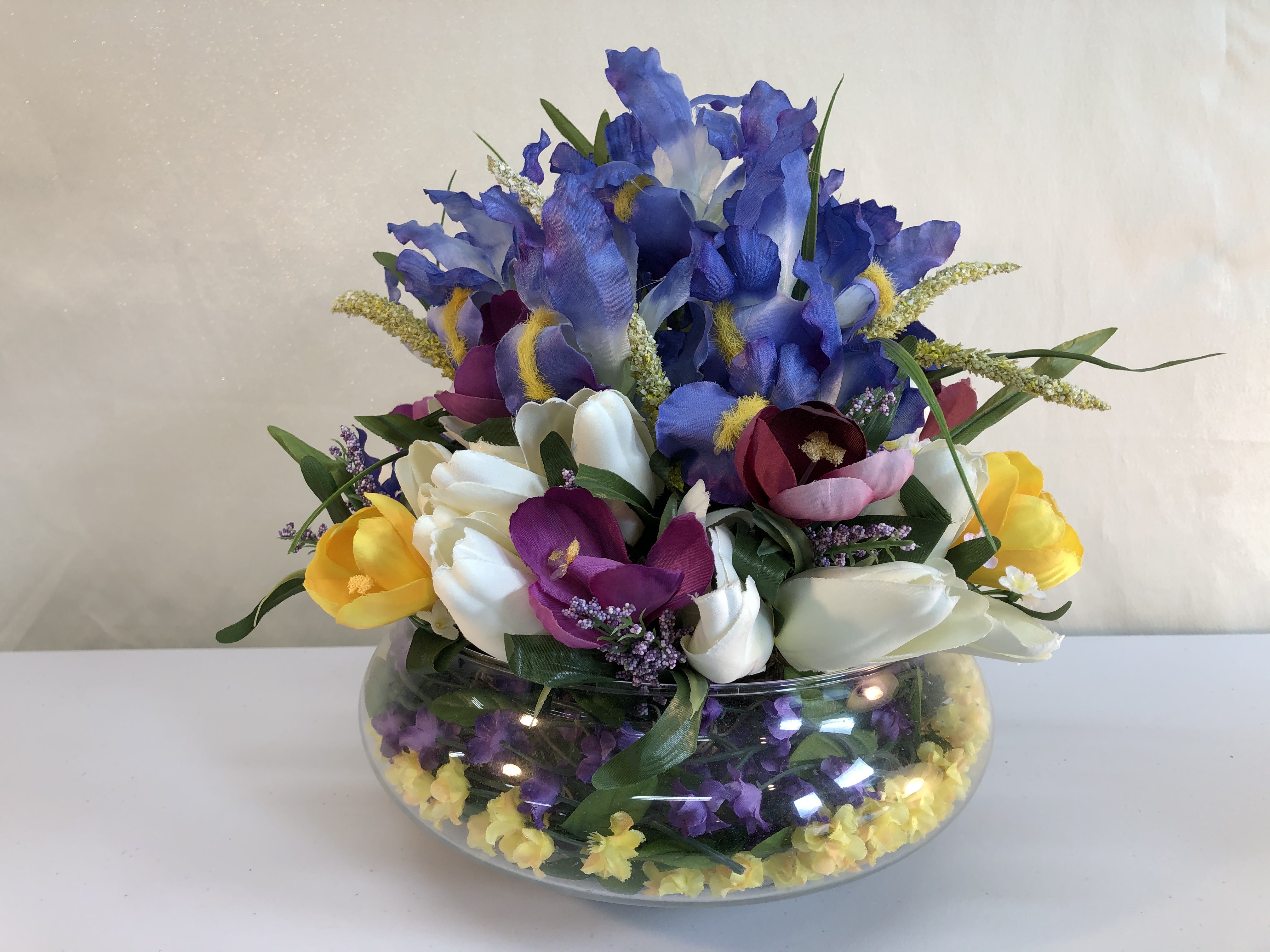 12"H x 10"W Silk Flower Assortment with Glass Bowl.