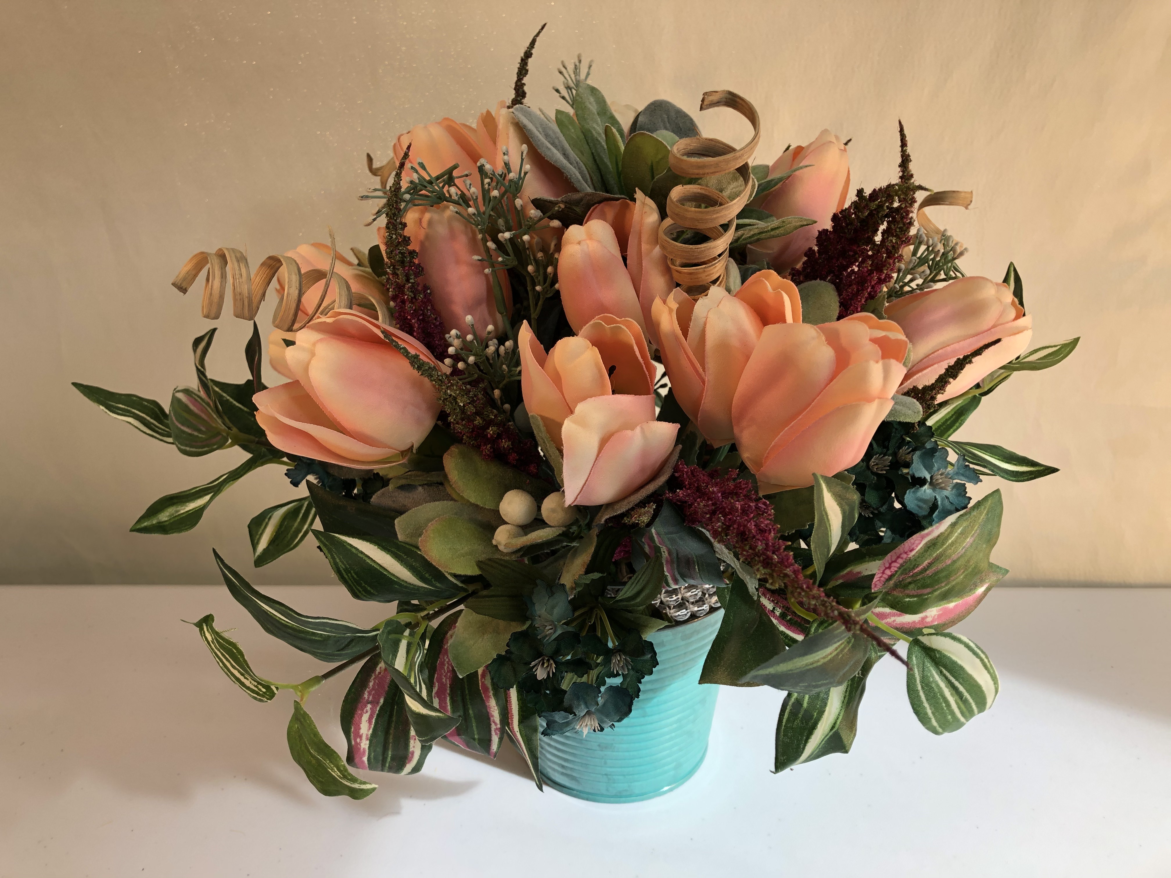 12"H x 12"W Silk Peach Tulips in Blue Tin Bucket.