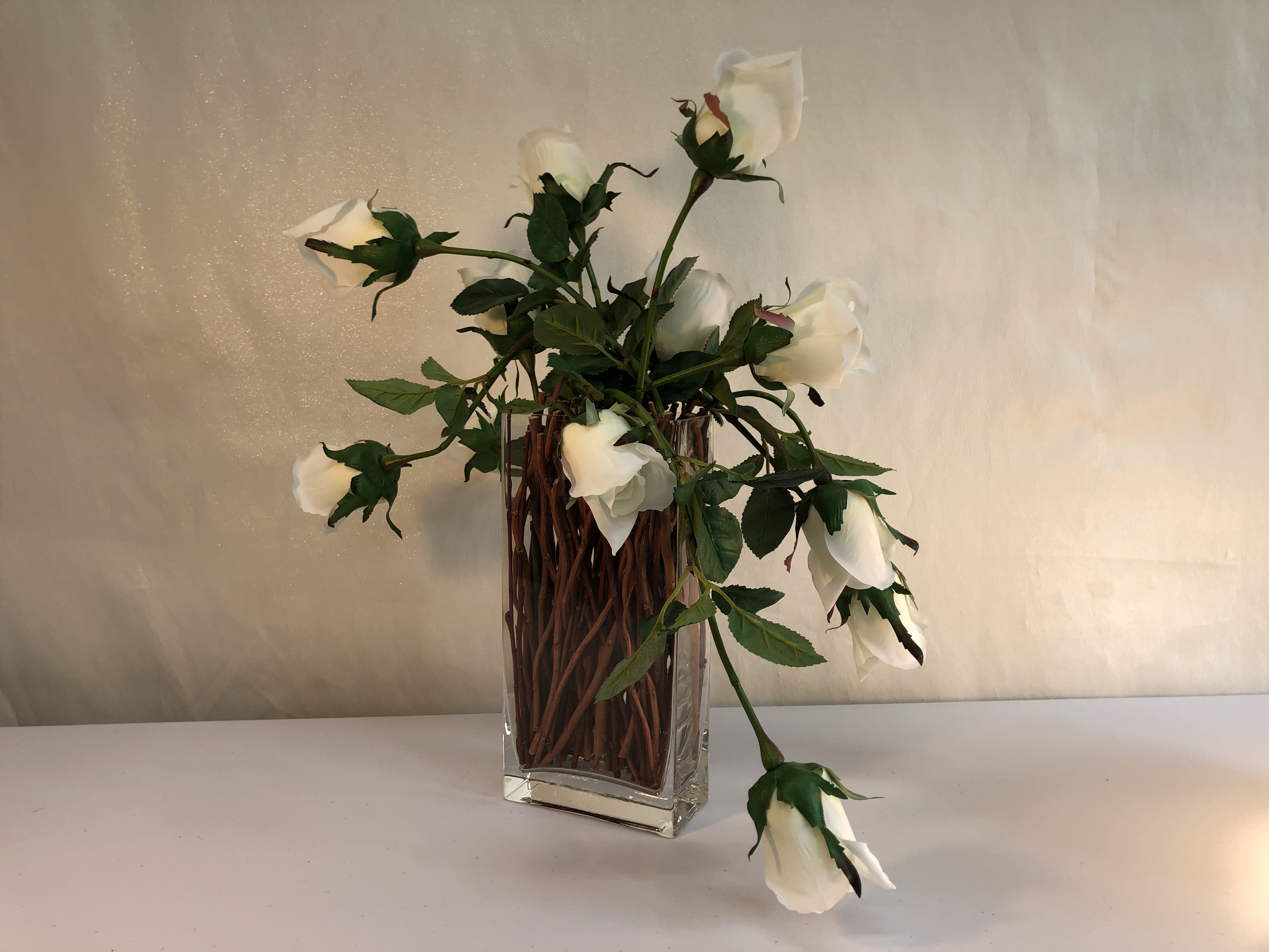 18"H x 15"W Silk Roses with Twigs in Glass Vase.