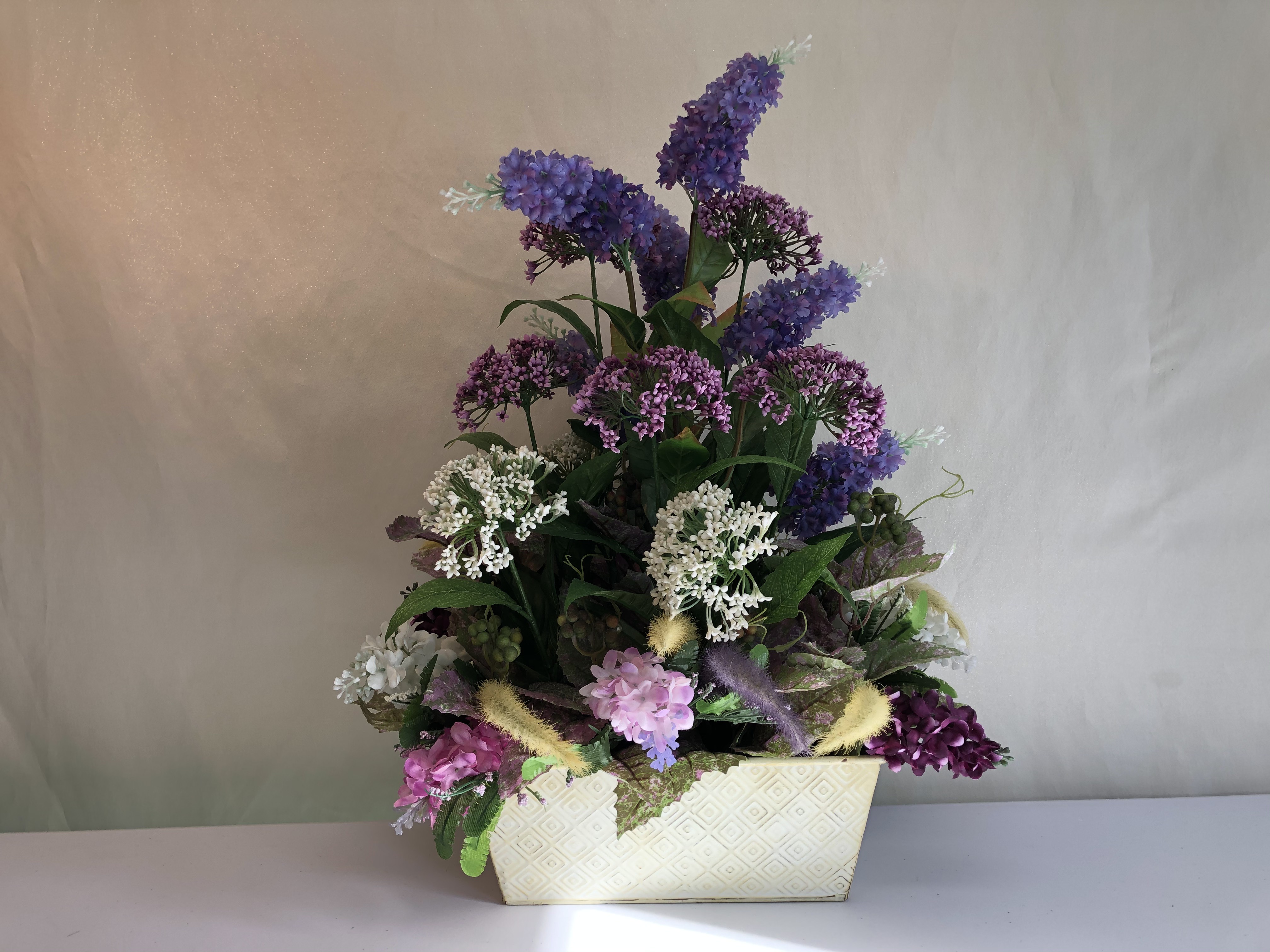 22H" x 8"W Silk Lilacs, Decorative Tin Container.