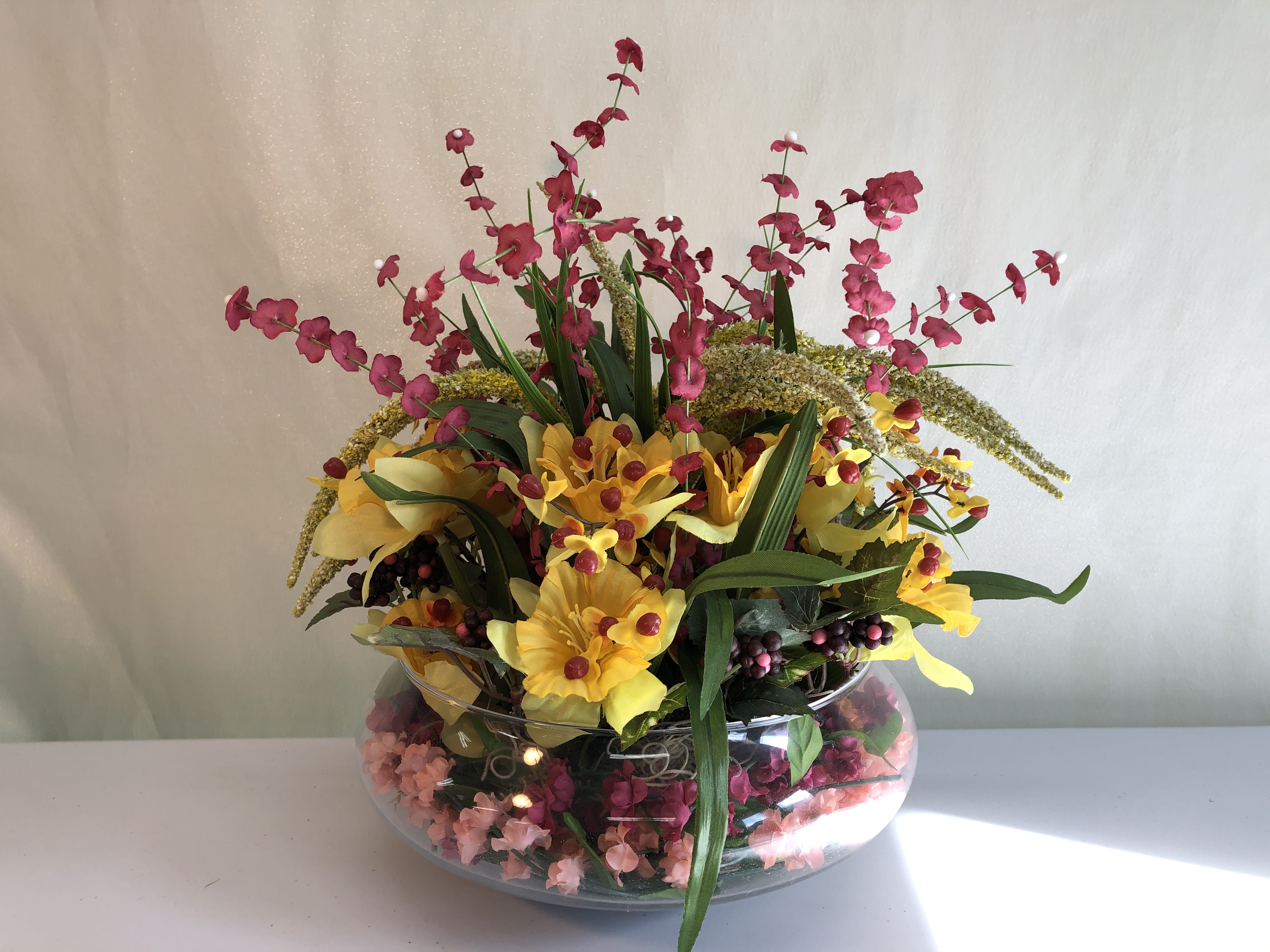 12"H x 10"W Silk  Assorted Flowers in Glass Bowl.