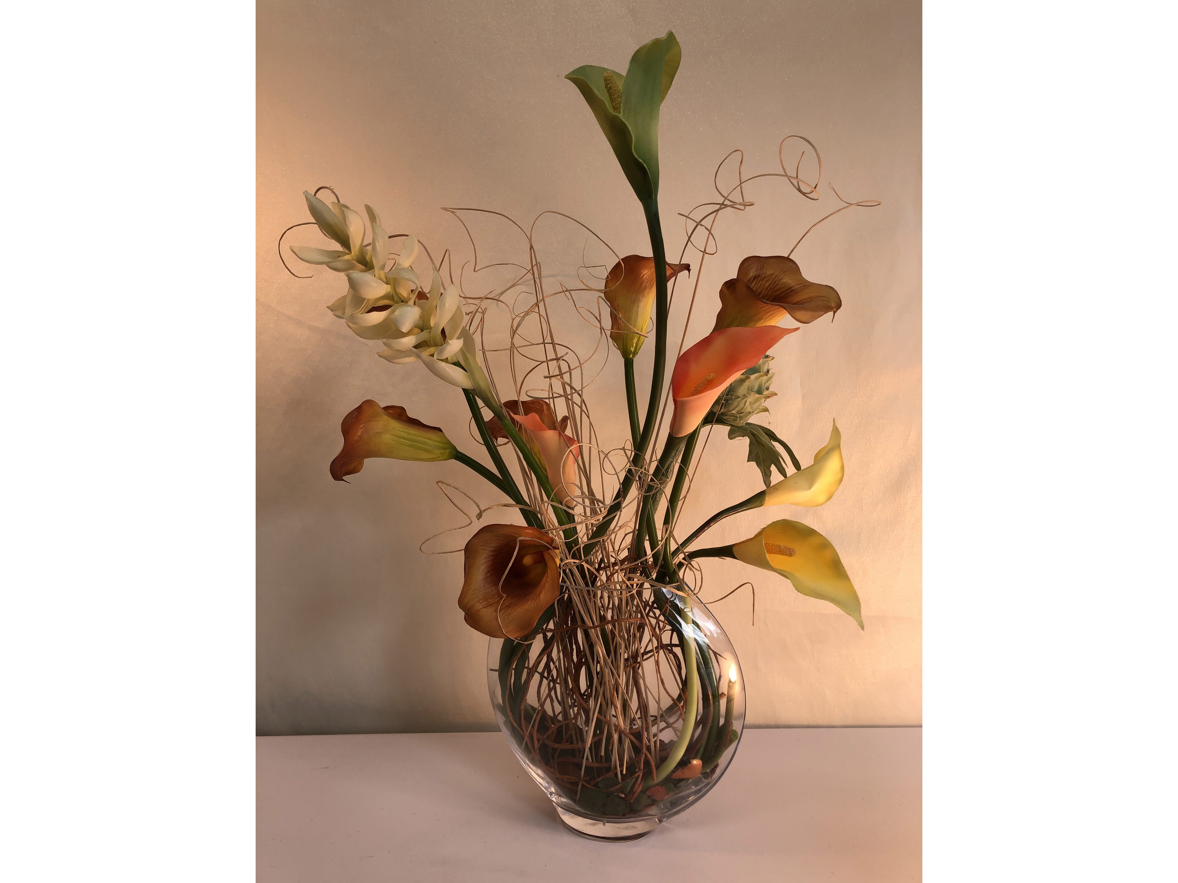 22"H x 14"W Silk Calla Lilly, Oval Glass Vase.