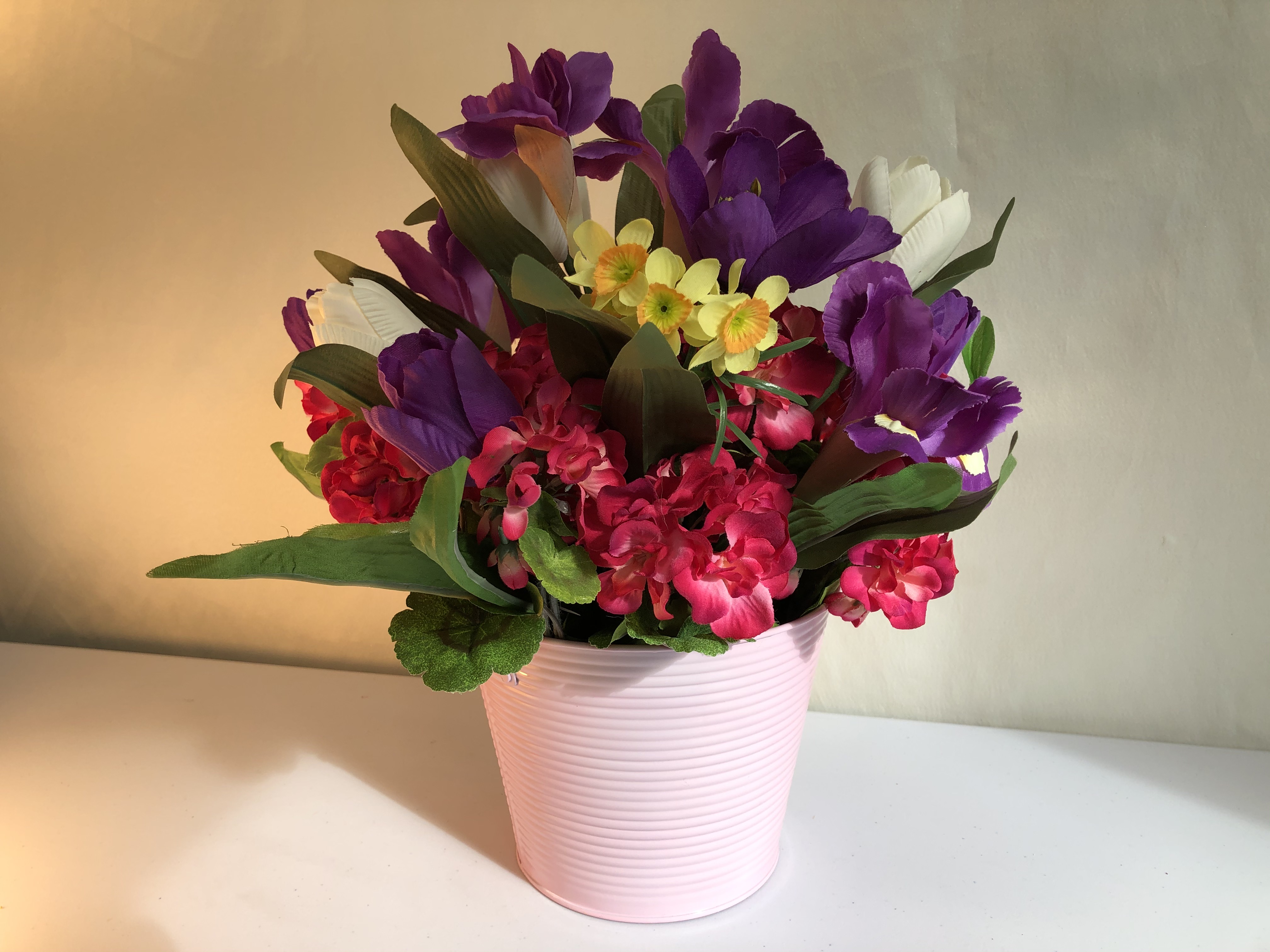 15"H x 12"W Silk Floral Mix, Pink Tin Bucket.