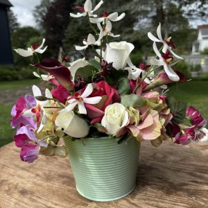 Faux Mixed Flower Arrangement in Light Green Metal Pot