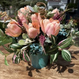 Faux Tulip Flower Arrangement in Aqua Metal Pot