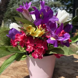 Faux Assorted Flower Arrangement in Pale Pink Metal Pot