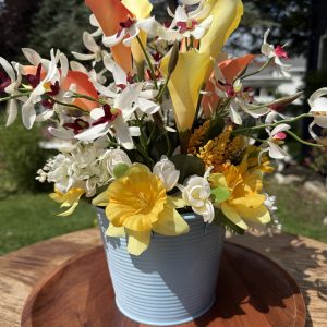 Faux Assorted Flower Arrangement in Pale Blue Metal Pot