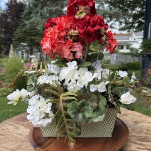 Faux Geranium Flower Arrangement in Decorative Metal Box