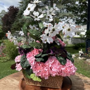 Faux Dogwood and Geranium Flower Arrangement in Decorative Metal Box