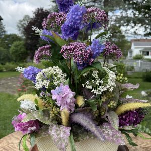 Faux Lilac and Assorted Flower Arrangement in Decorative Metal Box
