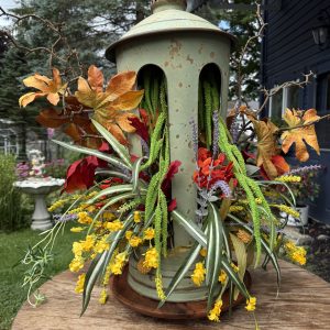 Faux Assorted Flower Arrangement in Aged Green Metal Lantern